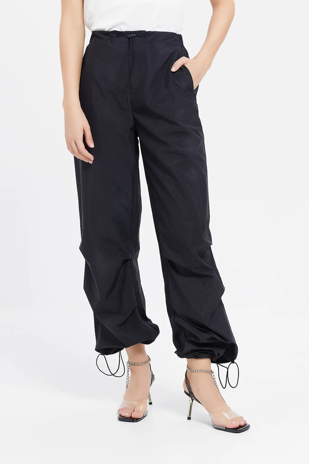 Women Black Drawstring Parachute Pants