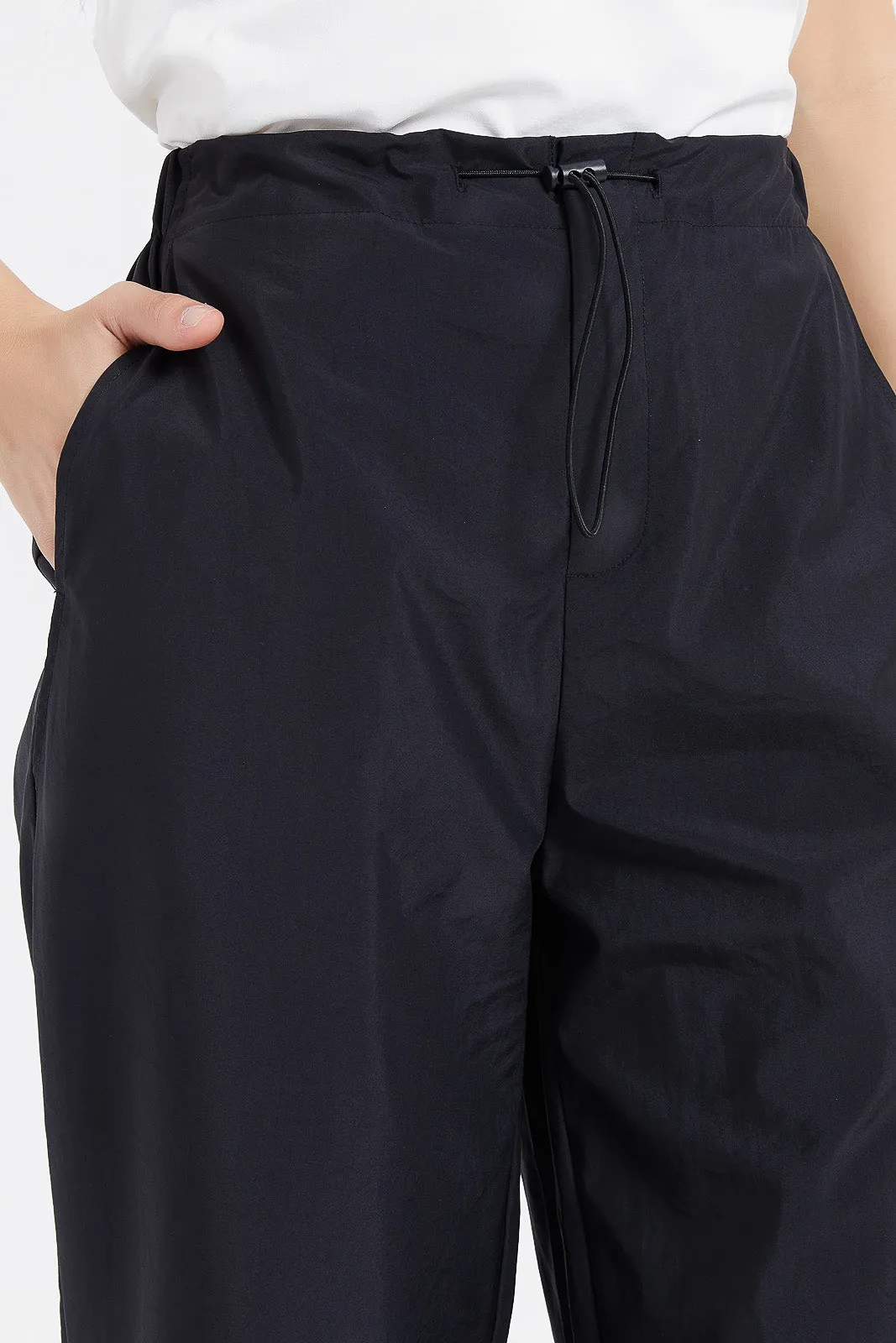 Women Black Drawstring Parachute Pants