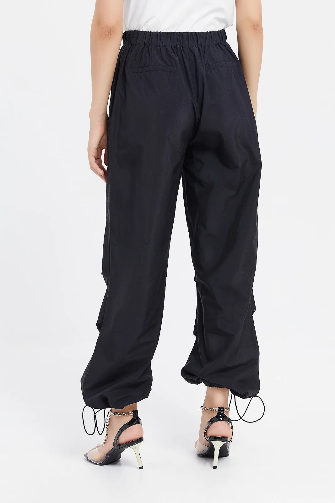 Women Black Drawstring Parachute Pants