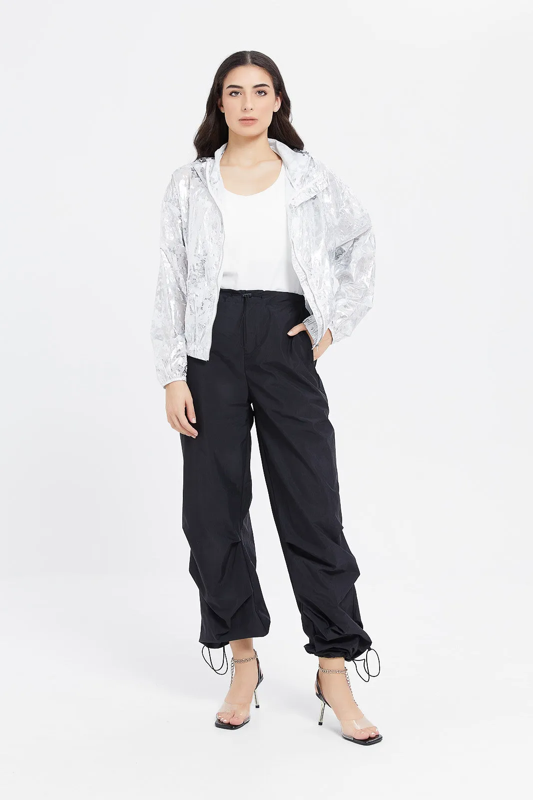 Women Black Drawstring Parachute Pants