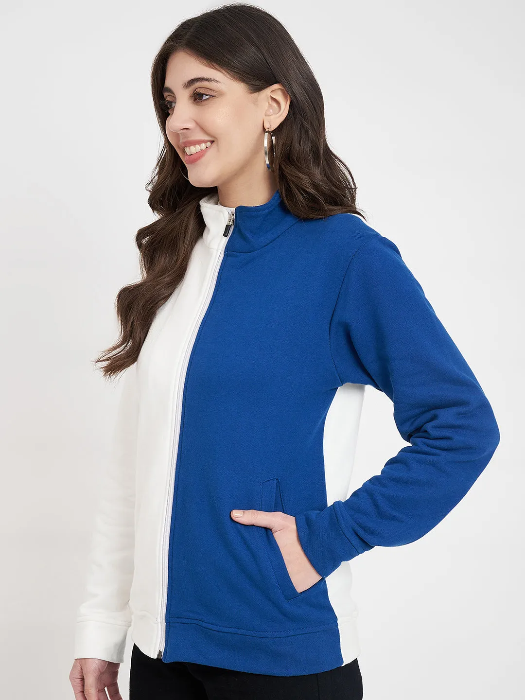 Women Colourblocked Mock Collar Blue Bomber Jacket