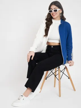 Women Colourblocked Mock Collar Blue Bomber Jacket