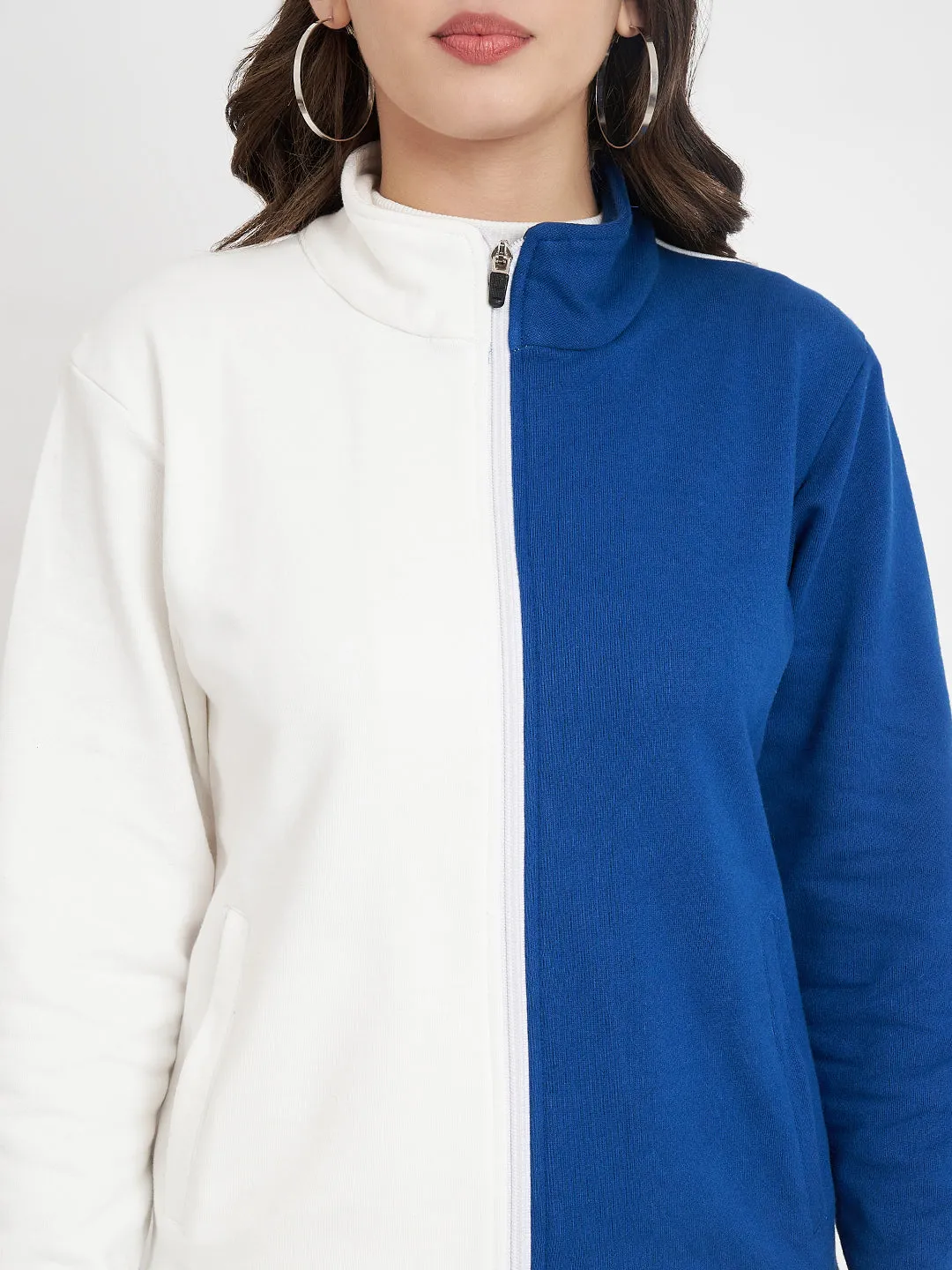 Women Colourblocked Mock Collar Blue Bomber Jacket