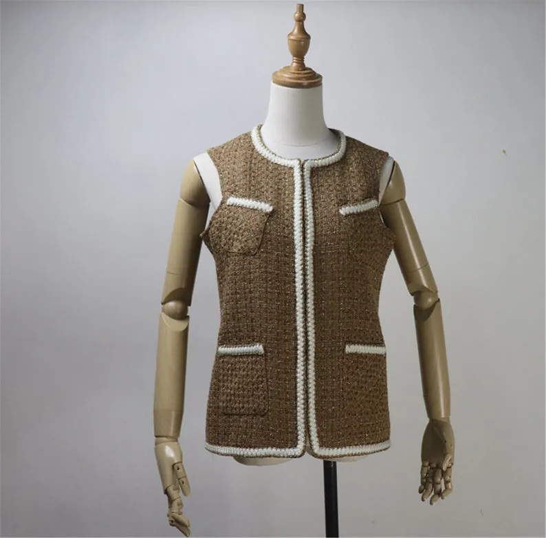 Women CUSTOM MADE Check Pattern Crooked Pockets Tweed Vest Gilet 2 Colors