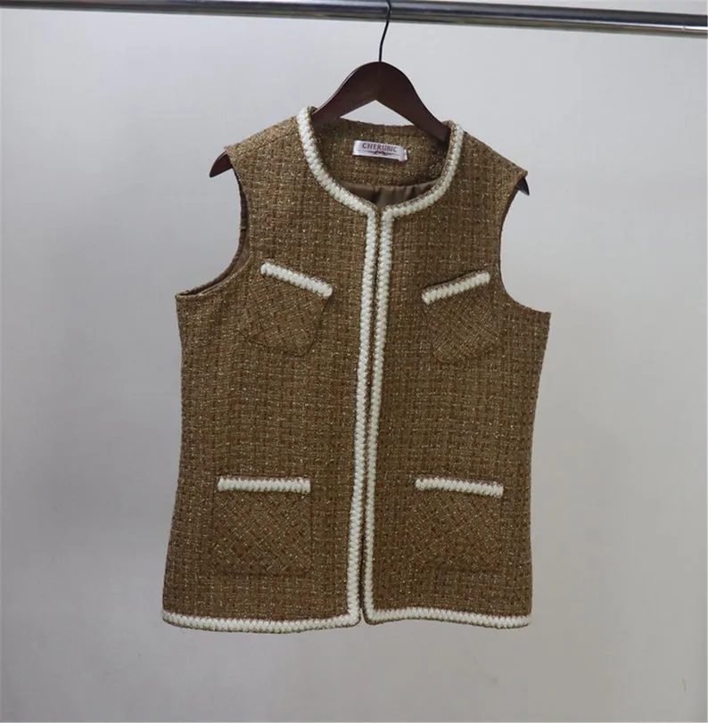 Women CUSTOM MADE Check Pattern Crooked Pockets Tweed Vest Gilet 2 Colors