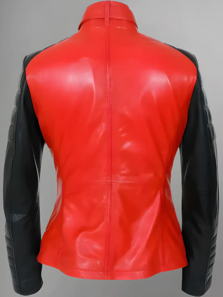 Women Red Genuine Leather Jacket With Black Diamond