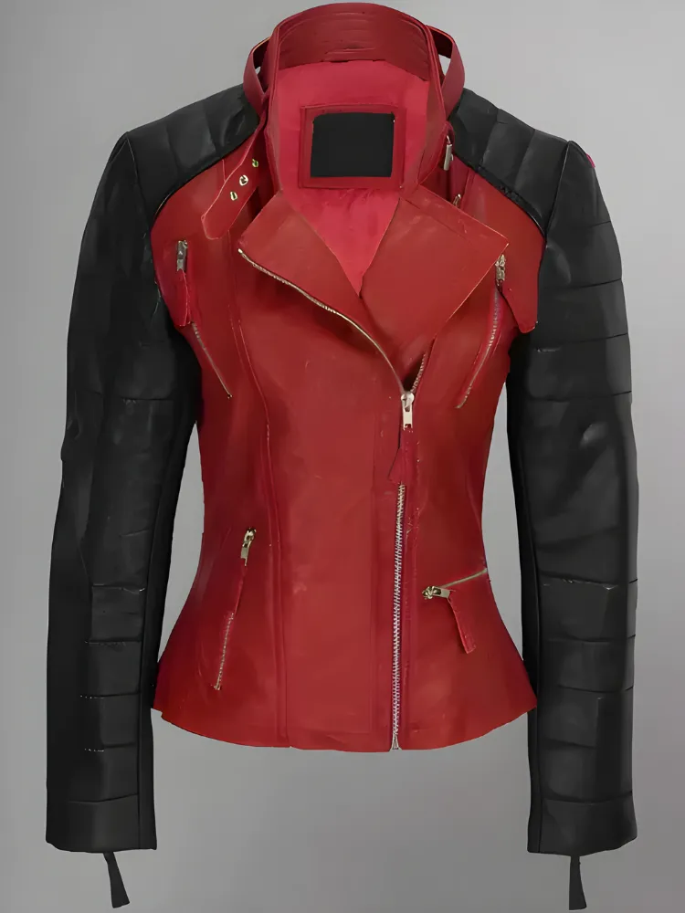 Women Red Genuine Leather Jacket With Black Diamond