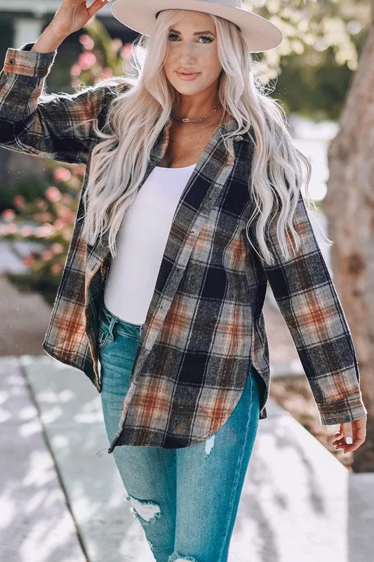 Women Rounded Hem Plaid Shacket with Slits