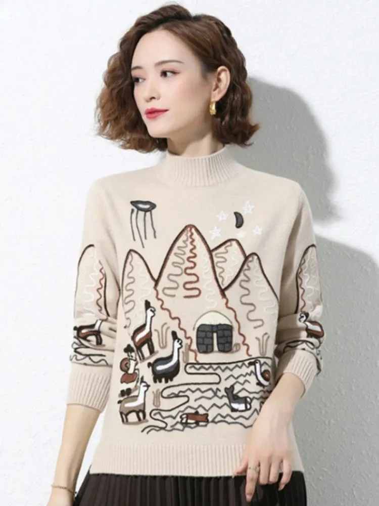 Women Sweater Korean College Style Cartoon Embroidery Winter Knitted Pullovers Loose Long Sleeve O-Neck Jumper Mujer Tops