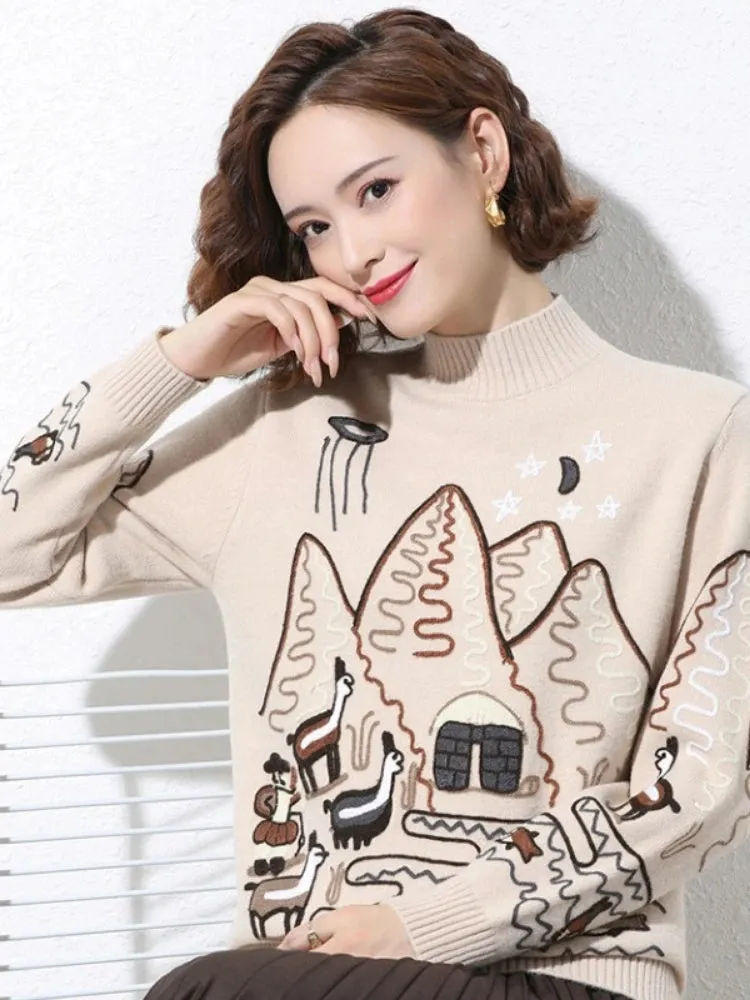 Women Sweater Korean College Style Cartoon Embroidery Winter Knitted Pullovers Loose Long Sleeve O-Neck Jumper Mujer Tops