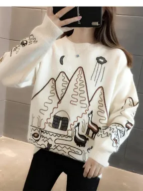 Women Sweater Korean College Style Cartoon Embroidery Winter Knitted Pullovers Loose Long Sleeve O-Neck Jumper Mujer Tops