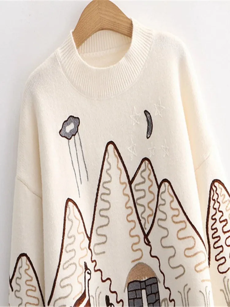 Women Sweater Korean College Style Cartoon Embroidery Winter Knitted Pullovers Loose Long Sleeve O-Neck Jumper Mujer Tops