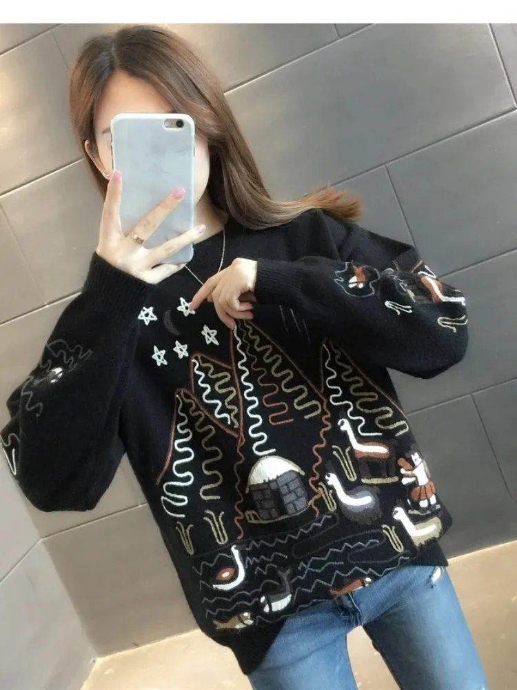 Women Sweater Korean College Style Cartoon Embroidery Winter Knitted Pullovers Loose Long Sleeve O-Neck Jumper Mujer Tops