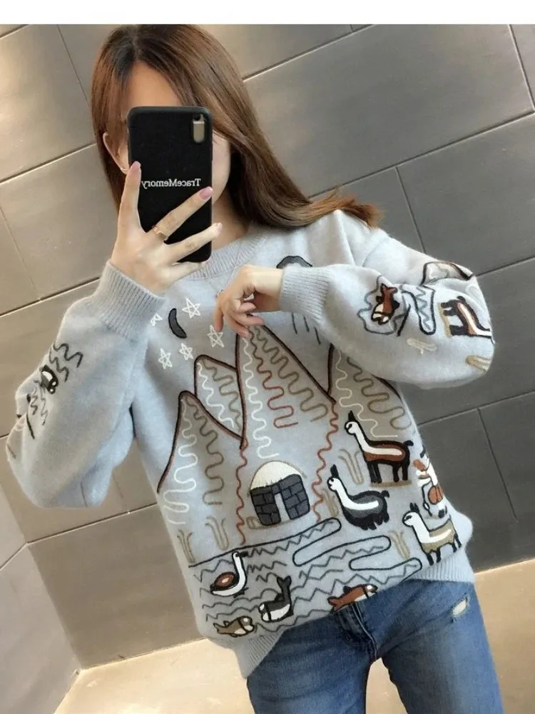 Women Sweater Korean College Style Cartoon Embroidery Winter Knitted Pullovers Loose Long Sleeve O-Neck Jumper Mujer Tops