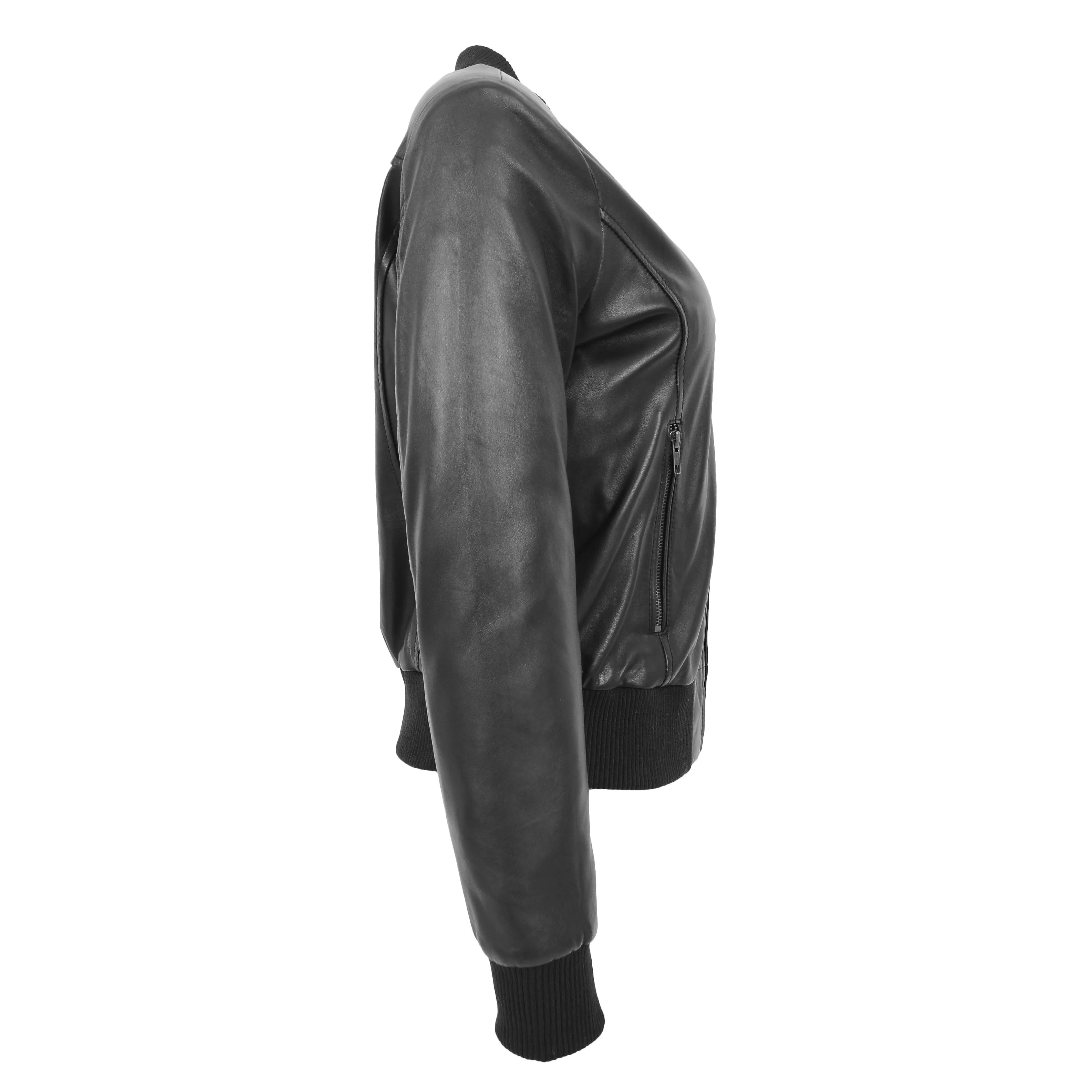 Womens Leather Bomber Jacket Black Zip Fasten Fitted Varsity Joy