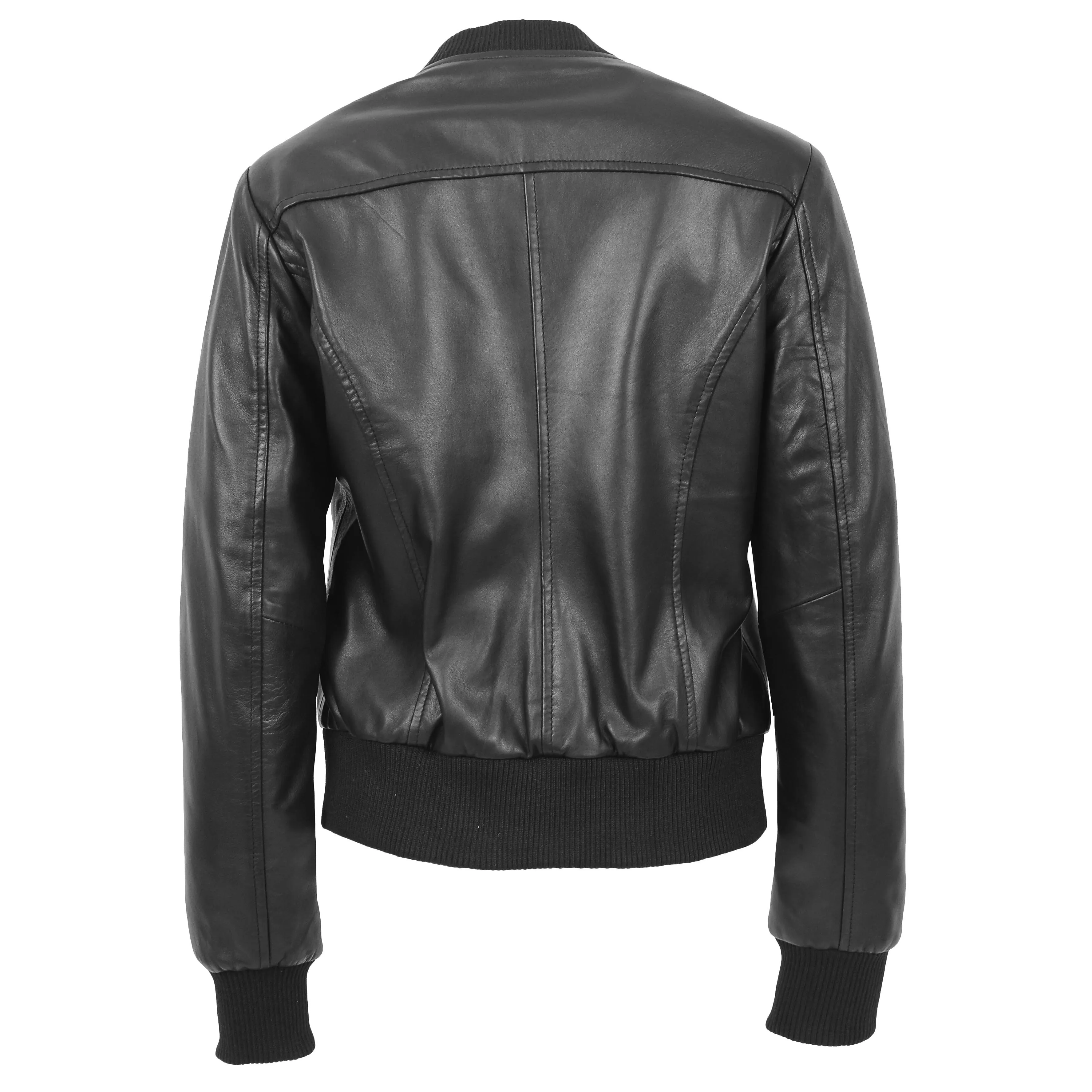 Womens Leather Bomber Jacket Black Zip Fasten Fitted Varsity Joy