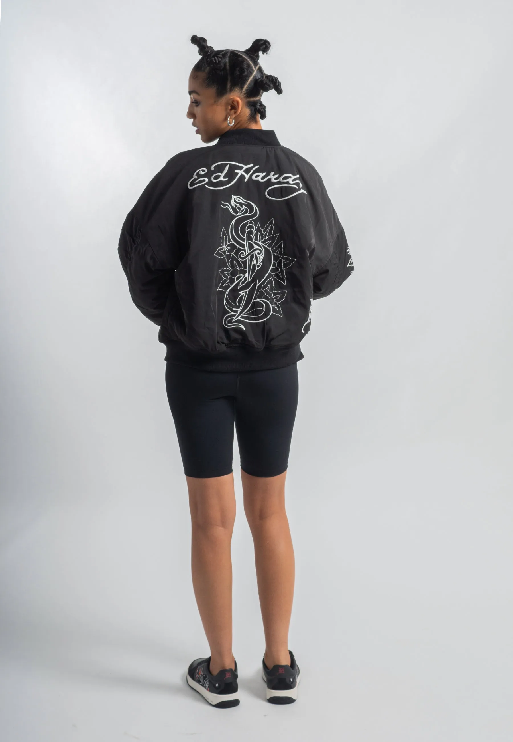 Womens Snake & Dagger Tonal Bomber Jacket - Black