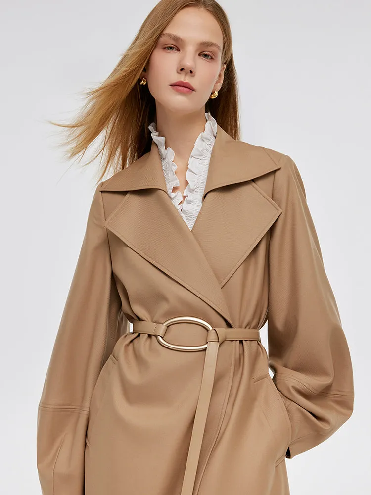 Worsted Wool Lantern Sleeve Women Trench Coat With Leather Belt