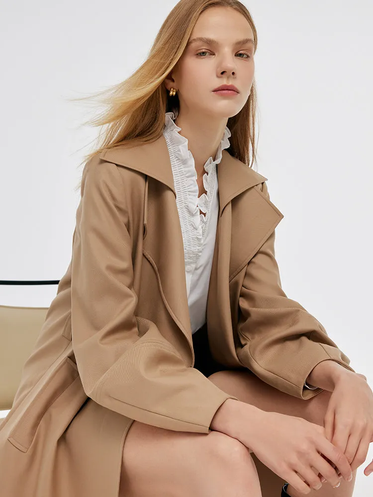 Worsted Wool Lantern Sleeve Women Trench Coat With Leather Belt