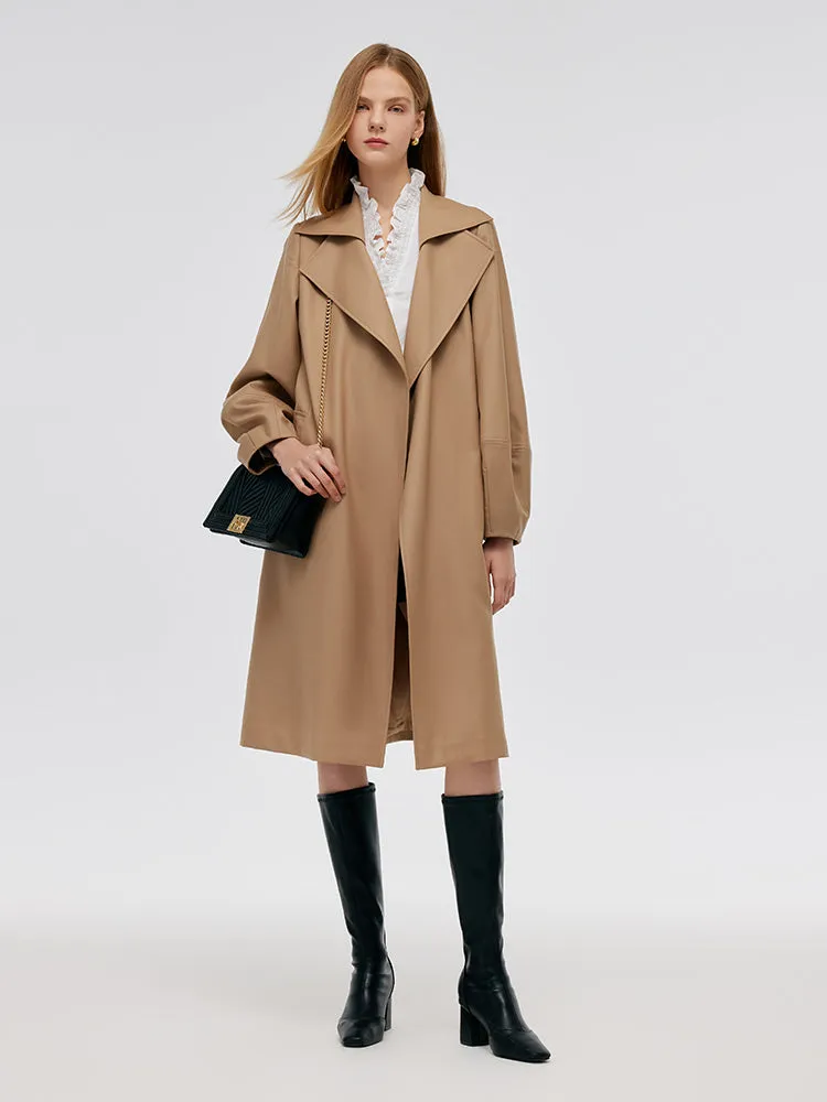 Worsted Wool Lantern Sleeve Women Trench Coat With Leather Belt