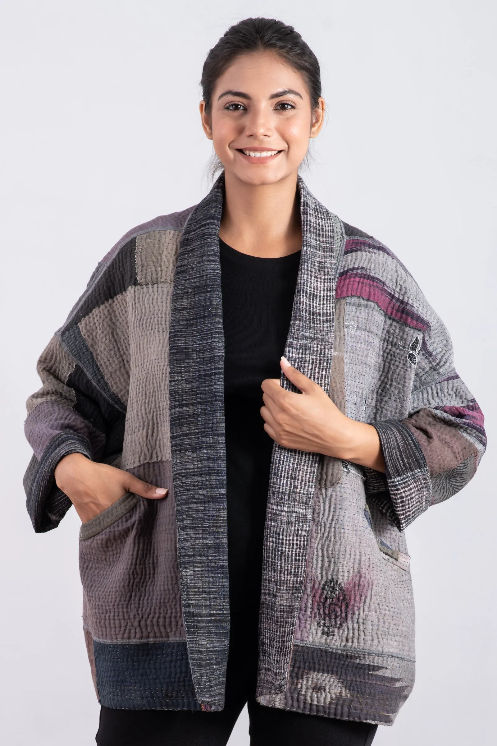 WOVEN IKAT & FRAYED PATCH KANTHA BIG POCKET JKT - wk4057-gry -