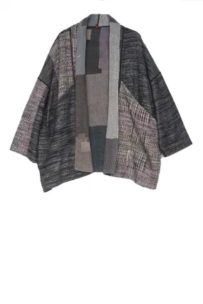 WOVEN IKAT & FRAYED PATCH KANTHA BIG POCKET JKT - wk4057-gry -