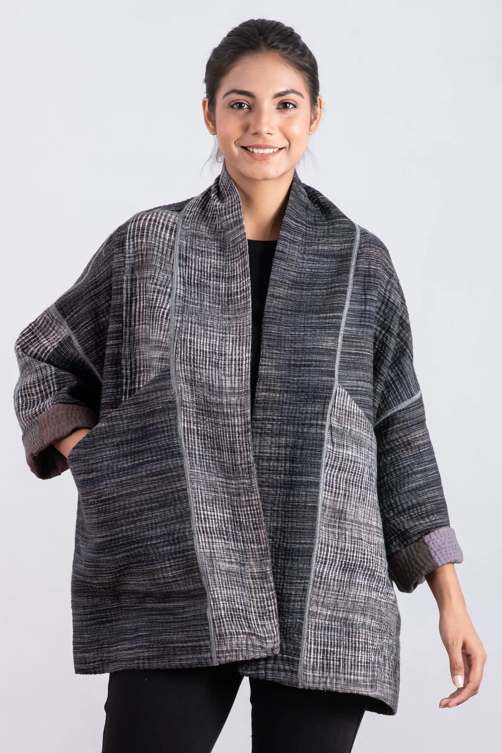 WOVEN IKAT & FRAYED PATCH KANTHA BIG POCKET JKT - wk4057-gry -