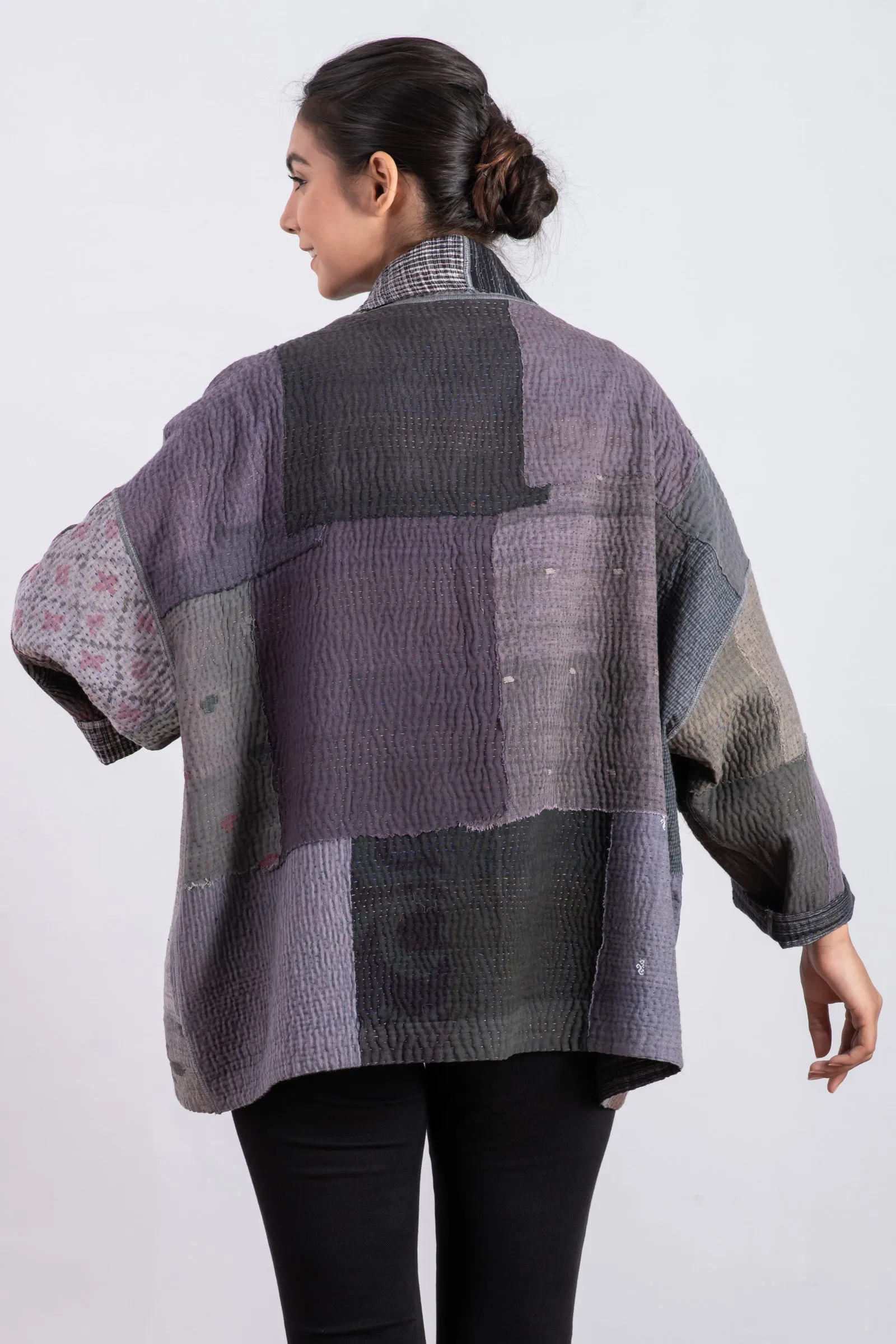 WOVEN IKAT & FRAYED PATCH KANTHA BIG POCKET JKT - wk4057-gry -