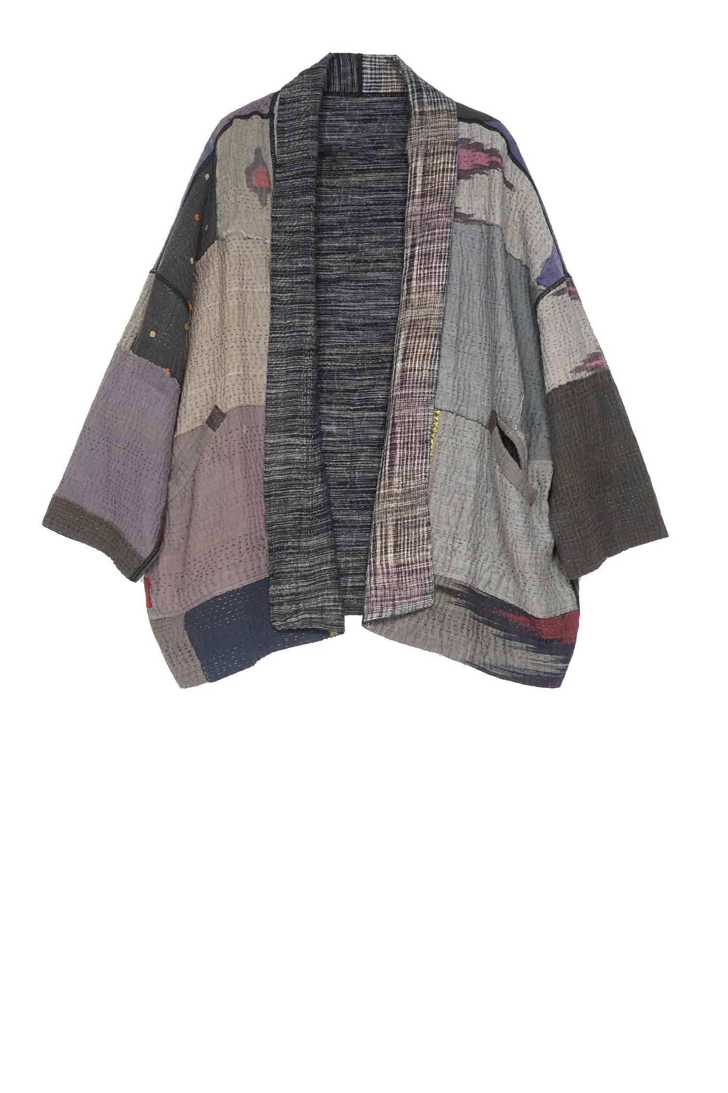 WOVEN IKAT & FRAYED PATCH KANTHA BIG POCKET JKT - wk4057-gry -