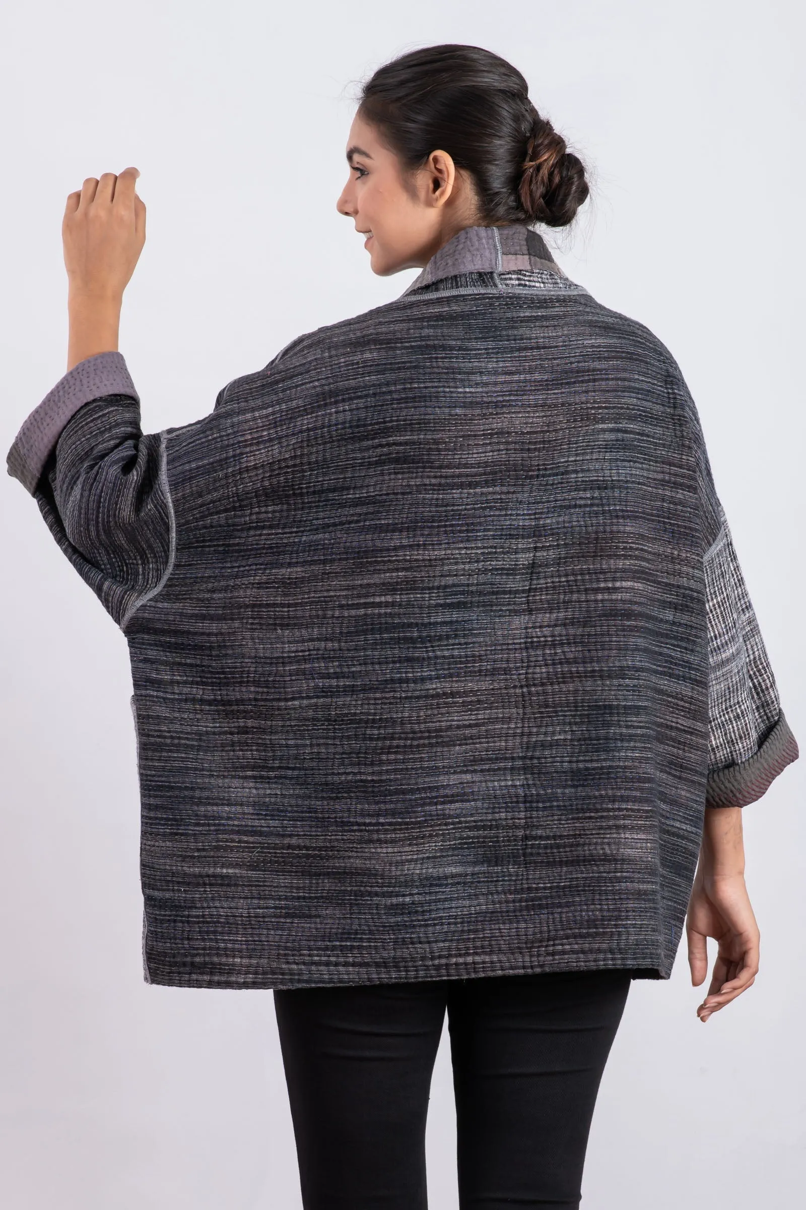 WOVEN IKAT & FRAYED PATCH KANTHA BIG POCKET JKT - wk4057-gry -