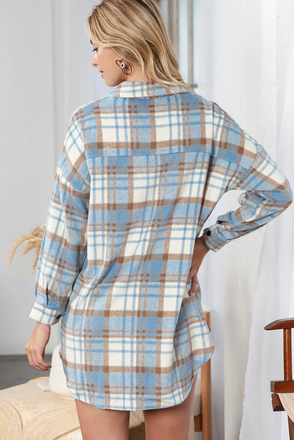 Yellow Plaid Print Flap Pocket Long Sleeve Shacket